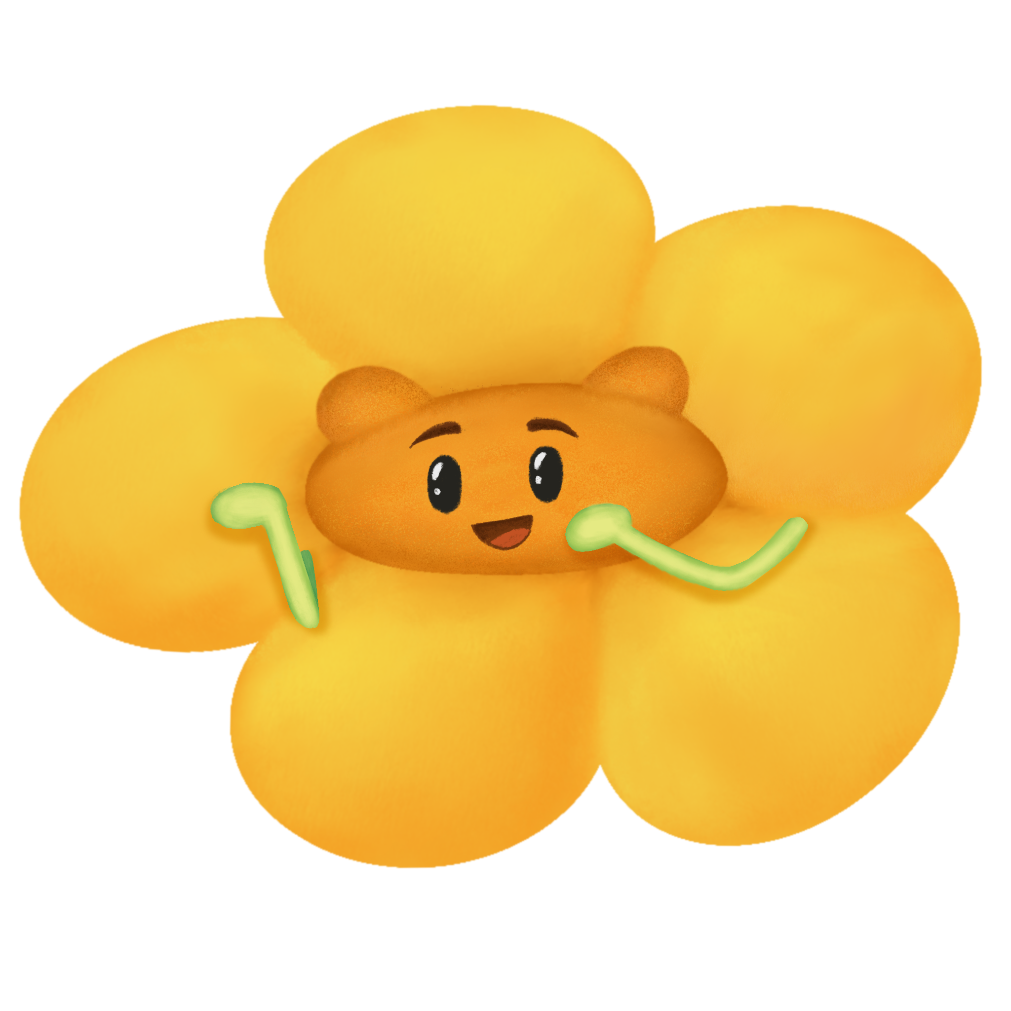 Yellow flower cartoon with smiling face and green stem arms